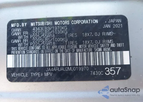 2021 Mitsubishi Outlander Sport 2.0 Be Awc/2.0 Es Awc/2.0 Le Awc/2.0 Se Awc z USA, uszkodzony, nr VIN JA4ARUAU2MU019970